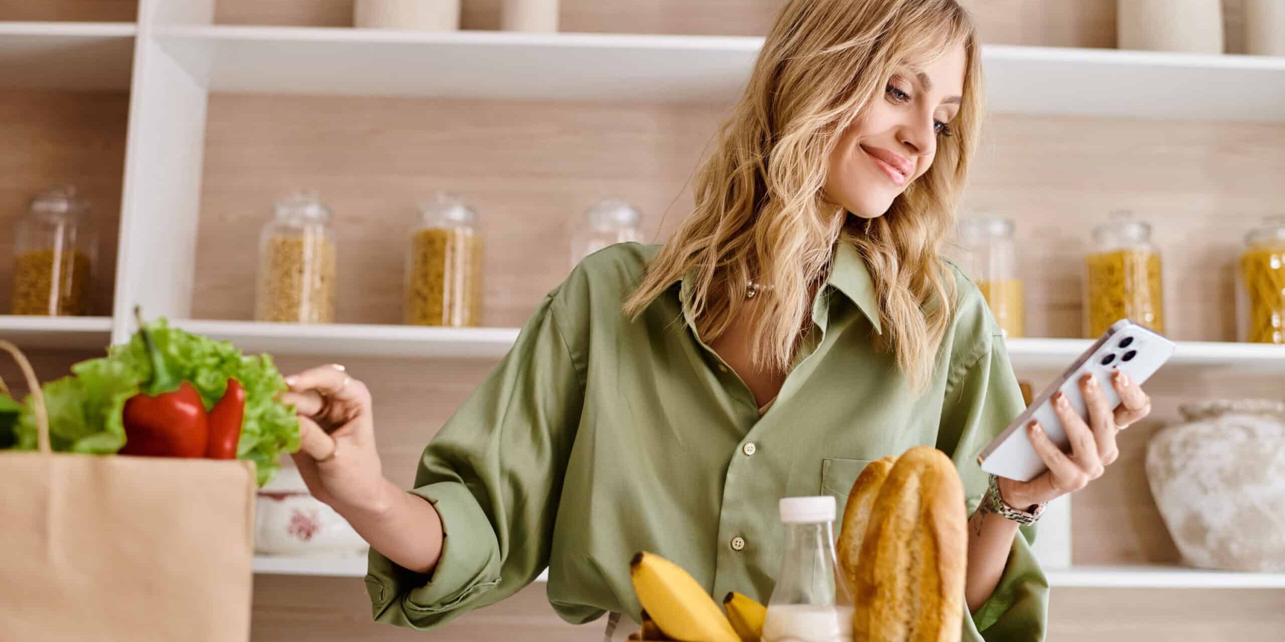 Woman in green shirt ordering with her phone